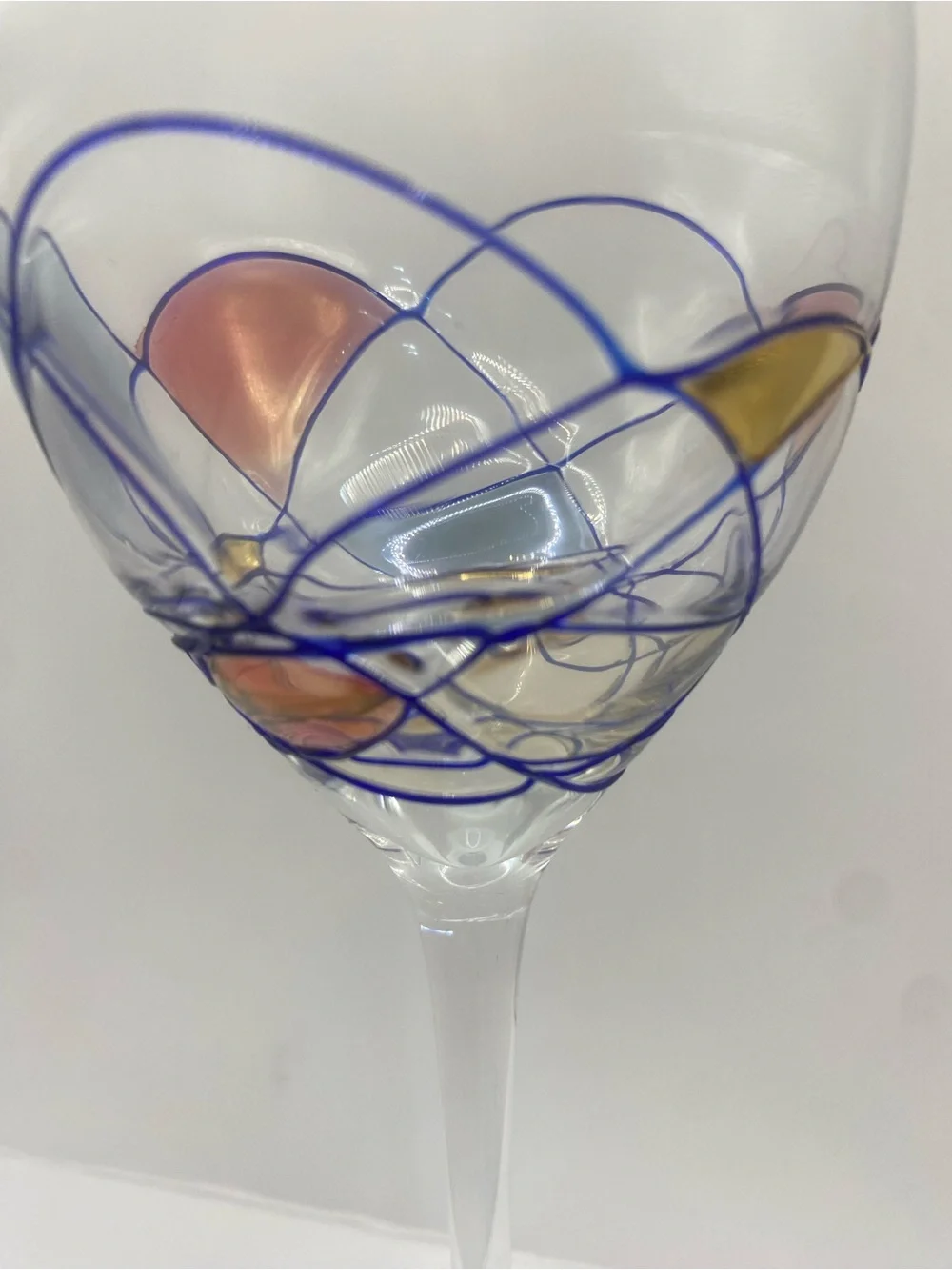 Set of 2 Vintage Mosaic Abstract Stained Glass Design Hand-Blown Wine Glasses